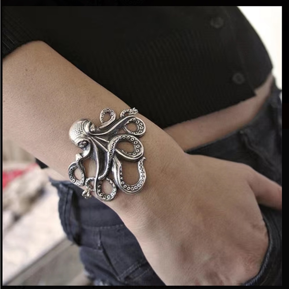 Silver Embossed and Engraved Octopus Adjustable Bracelet